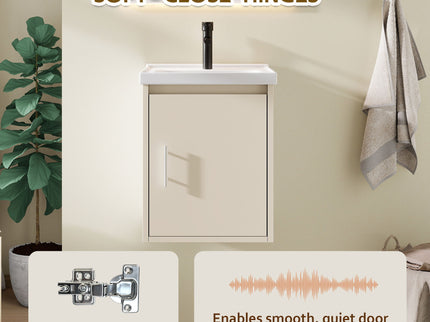 16" Floating Bathroom Vanity Combo, Wall Mounted Cabinet With Sink & Soft Close Doors For Small Bathrooms - Khaki