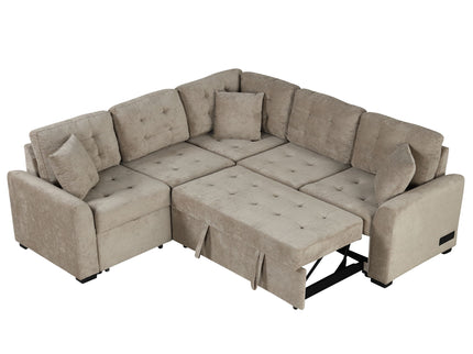 L-Shape Sofa Bed Pull-Out Sleeper Sofa With Wheels, USB Ports, Power Sockets For Living Room