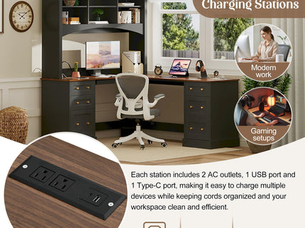Space Saving L-Shaped Computer Desk With Keyboard Tray & Charging Stations