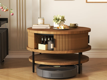 Flip-Top Round Coffee Table With Storage - Brown
