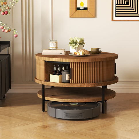 Flip-Top Round Coffee Table With Storage - Brown