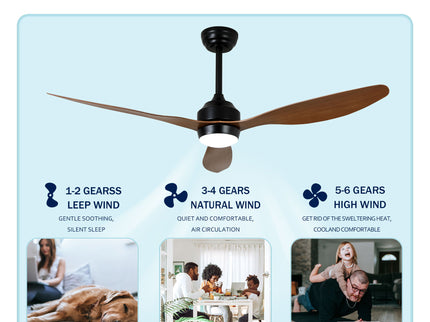 Ceiling Fan With Lights Quiet DC Motor 3 Blade Ceiling Fans 6 Speed Levels, Reversible Ceiling Fan - Matte Black / Wood