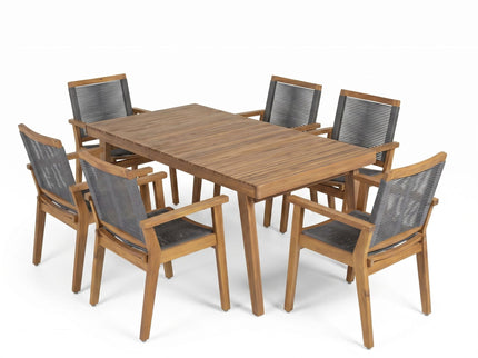 7 Piece Outdoor Patio Dining Set With Table And 6 Arm Chairs - Brown / Dark Gray / Teak