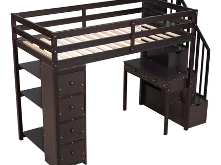 Loft Bed With Storage Drawers, Desk And Stairs With Shelves