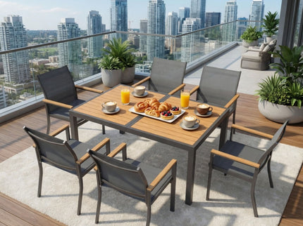 7 Piece Gray Aluminum Patio Dining Set With Textilene Chairs For Outdoor Living Frame With Accents, 59" Rectangle Table, All Weather Durable