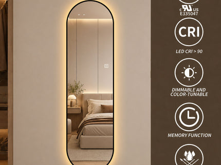 Capsule Shaped Dimmable LED Full Length Wall Mirror With Frame - Silver