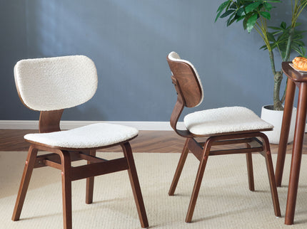 Modern Boucle Fabric Upholstered Side Chair, Bentwood Frame - White / Walnut