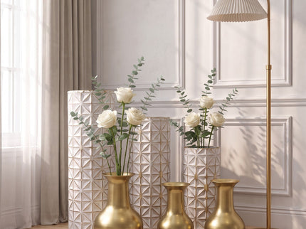 Tall Textured Geometric Decorative Floor Vases Home Decor (Set of 3) - White / Gold