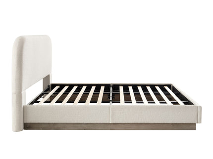 Linton - Queen Size Upholstered Platform Bed - Cream White / Light Grey / Camel Oak