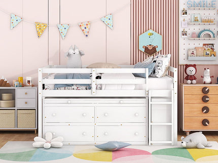 Loft Bed With Retractable Writing Desk And 4 Drawers, With Lateral Portable Desk And Shelves