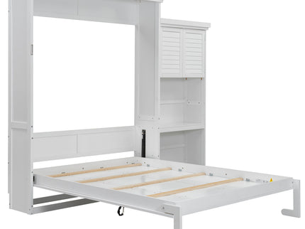 Queen Size Murphy Bed With Louvered Design And Multiple Storage Shelves - White