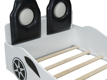 Race Car Shaped Platform Bed With LED And Upholstered Backrest In