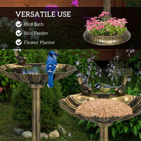Outsunny - Antique Bird Bath With Pedestal Flower Planter Base, Vintage Style Decorative Birdbath, Bird Feeder Bowl & Planter Decoration Yard Statue - Bronze