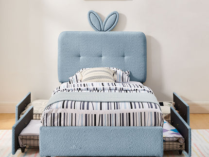 Upholstered Bed With Oversized Rabbit Ear Headboard, LED Lights & 4 Storage Drawers