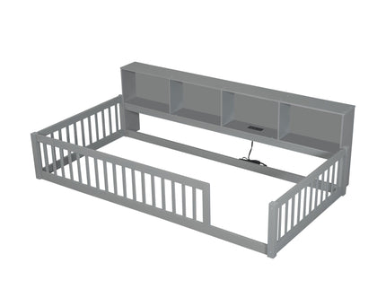 Twin Long Floor Bed With Storage Cabinets And USB Ports - Gray