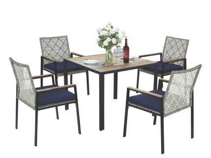 5 Piece Patio Dining Table Set, Acacia Wood Table Top With Umbrella Hole