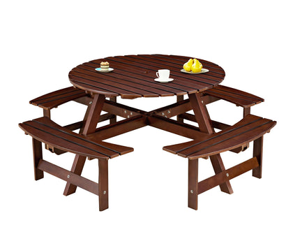 8 Person Round Picnic Table With 4 Built In Benches, Umbrella Hole For Garden - Brown