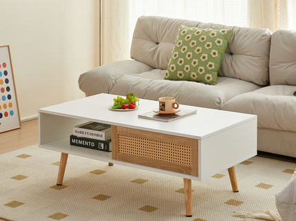 41.34" Rattan Coffee Table, Sliding Door For Storage, Solid Wood Legs, Modern Table For Living Room