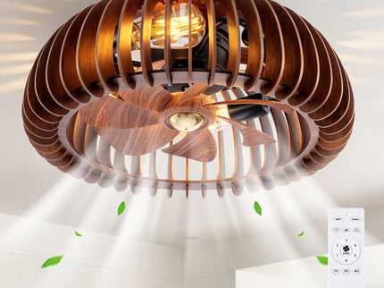 Semicircle Flush Mount Fan Light, (No Included Bulbs) And Remote Control, 6 Speeds, Quiet DC Motor For Living Room - Wood