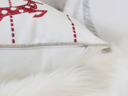 Christmas Throw Pillow With Embroidered Reindeer And Snowflakes - White