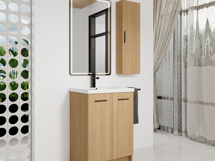Freestanding Bathroom Vanity Set With Tall Linen Cabinet, Single Sink, Extra Storage, Soft Close Doors - Glossy White / Light Oak