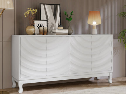 Elegant Sideboard With Sophisticated Wavy Pattern Doors And Arched Groove Design, Adjustable 4 Door Layout