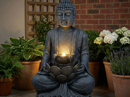 Zen - 2 Tier Meditating Buddha Water Fountain With Pump & LED Light - Gray