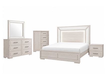 Ciara - King 5 Piece Bedroom Set With LED Lighting, Clean Lines And Upholstered Mirror - Beige