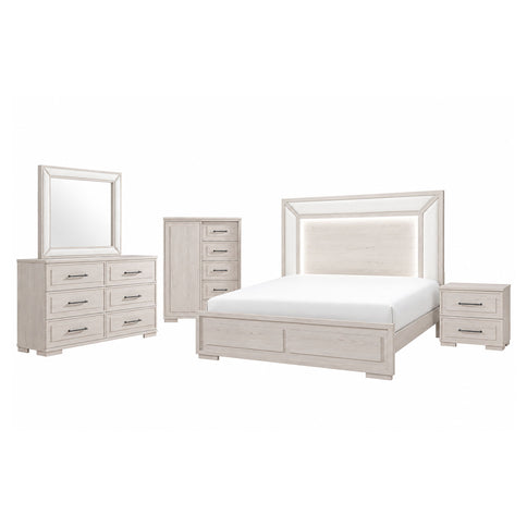 Ciara - King 5 Piece Bedroom Set With LED Lighting, Clean Lines And Upholstered Mirror - Beige