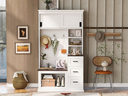 Modern Wide Hall Tree With Coat Rack, 3 Shelves And Drawers, 3 Sturdy Hooks