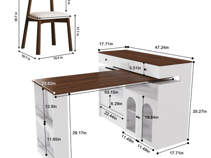 Retro Kitchen Island Set With Chairs, Extendable & Rotating Table, 4 Drawers & Door Cabinets