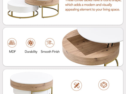 Modern Round Lift-Top Nesting Coffee Tables With 2 Drawers