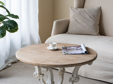 Round Wooden Coffee Table With Distressed Scrollwork Legs - Multicolor