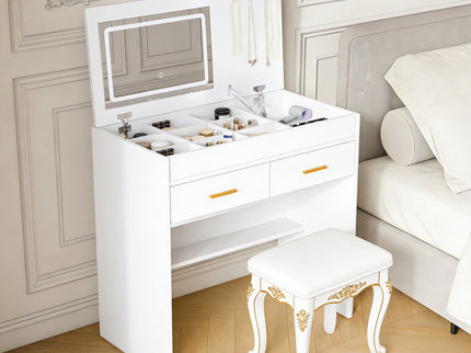 Flip Top Vanity Desk With LED Mirror & Outlet Makeup Table With 2 Drawers, Open Storage, And Jewelry Hooks - White