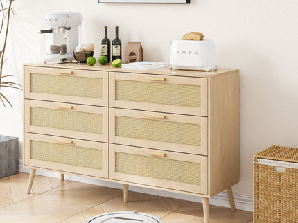 Rattan 6 Drawers Chest Of Dressers For Bedroom, Modern 6 Drawer Dresser, Wide Chest Of Drawers With Wood Handles, Rattan Dresser Storage Cabinet For Living Room, Bedroom, Hallway - Natural Wood / Oak