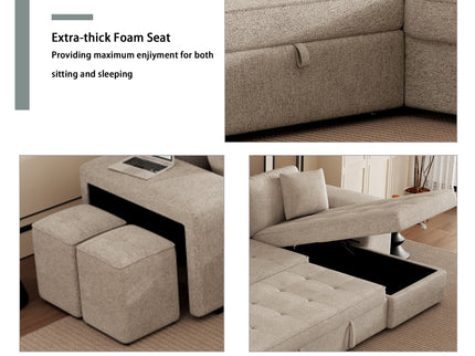 Modern L-Shape 3 Seat Reversible Sectional Couch, Pull Out Sleeper Sofa With Storage Chaise And 2 Stools For Living Room Furniture Set