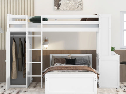 Loft Bed With A Stand Alone Bed, Shelves, Desk, And Wardrobe