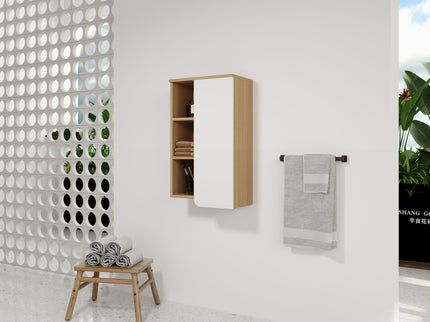 Wall Mounted Bathroom Side Cabinet, Single Door With 3 Tier Open Shelves - Black / Light Oak / White