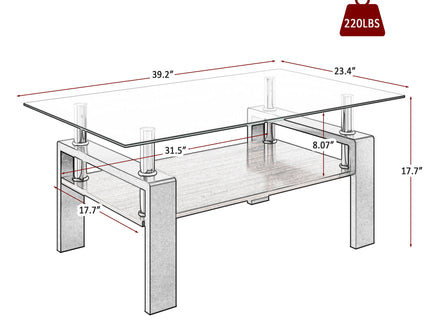Modern Rectangular Coffee Table With Tempered Glass Top Layer, Table For Living Room - Transparent