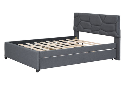 Upholstered Platform Bed With Brick Pattern Headboard And Twin Long Size Trundle
