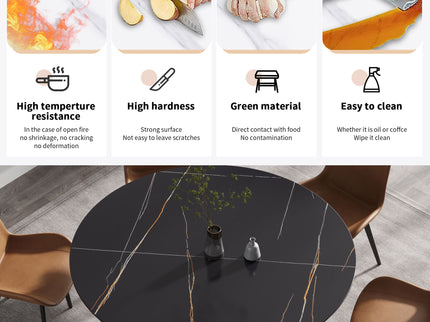 59.05" Modern Artificial Stone Round Black Carbon Steel Base Dining Table, Can Accommodate 6 People - Black