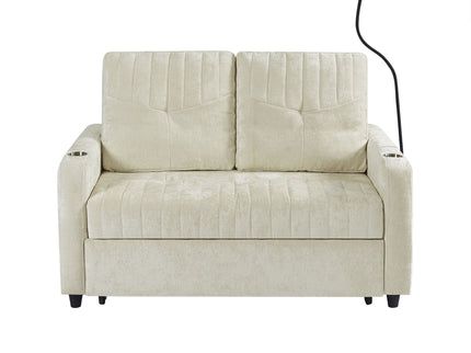 Modern Loveseat Pull Out Sofa Bed With Adjustable Backrest, Two Cup Holders, A Phone Holder, Three Charging Ports And Side Storage Pockets For Living Room