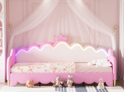 Extending Daybed With LED Lights, Modern Upholstered Princess Daybed With Crown Headboard