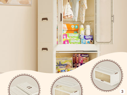 Portable Wardrobe Closet Storage Organizer With Magnetic Doors And Hanging Rod - Cream White