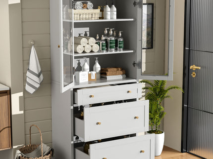Freestanding Tall Bathroom Cabinet With Adjustable Shelves, Drawers, Soft Close Glass Doors