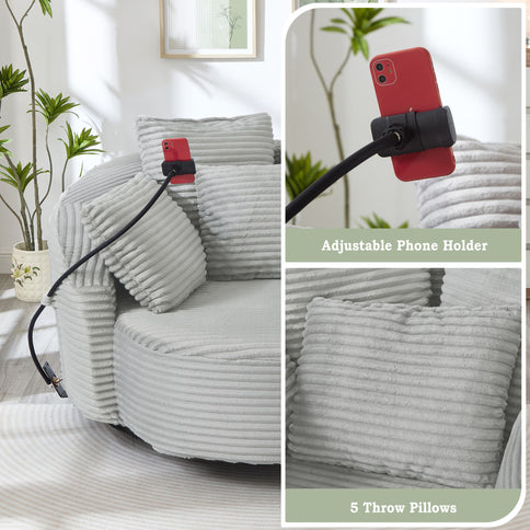 Swivel Accent Barrel Chair With Adjustable Phone Holder, 5 Pillows For Living Room