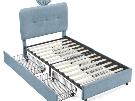 Upholstered Bed With Oversized Rabbit Ear Headboard, LED Lights & 4 Storage Drawers