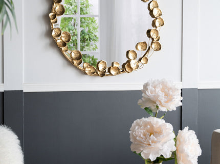 Round Metal Wall Mirror With en Leaf Accents, Modern Decor Mirror For Living Room Entryway Hallway - Gold