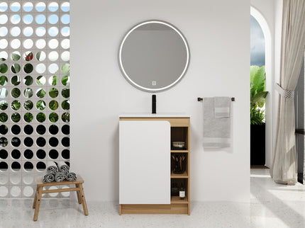 Freestanding Bathroom Vanity With Thin Rim Sink, Single Door With 4 Tier Open Shelves - Light Oak / White