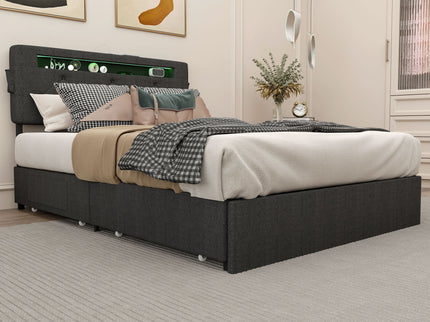 Bed With USB Charging Station, LED Lights, Headboard & Storage Drawers